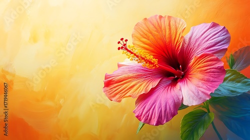 Vibrant pink and orange hibiscus flower against a warm gradient background