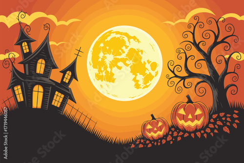 Halloween haunted house illustration, glowing pumpkins spooky moon twisted tree autumn leaves, eerie festive design, scary holiday graphic, vector clipart