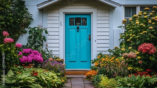 Charming turquoise front door surrounded by a vibrant flower garden