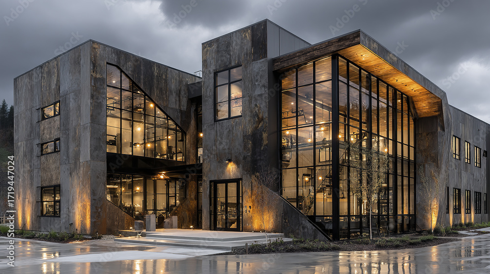 Obraz premium Modern commercial building with large glass windows and metal siding under cloudy sky, warm interior lighting creating inviting atmosphere at dusk