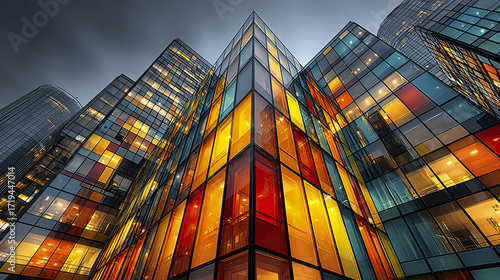 Modern city office building with colorful glass panels reflecting warm light under cloudy sky, creating vibrant and dynamic urban atmosphere at dusk