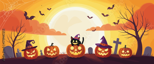 Halloween illustration at dusk, glowing pumpkins black cat witch hat moon graveyard bat, spooky festive design, eerie holiday graphic, vector clipart