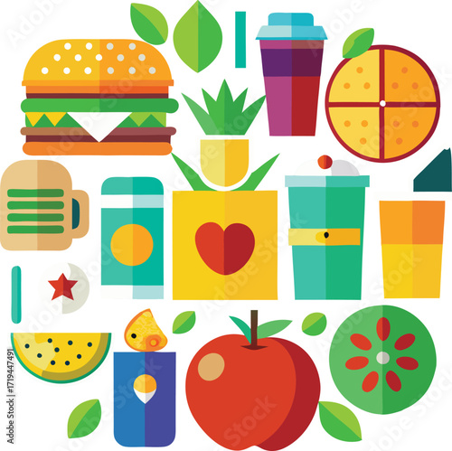 Vibrant flat design food and drink collection featuring burger fruit slices juice cups and plants for a fresh visual feast