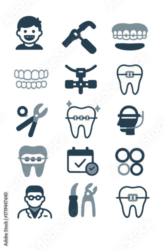 Flat vector orthodontic icon set collection with braces, aligners, dental check, implants, and tooth symbols for dentist and orthodontist projects.  
