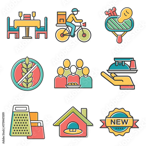 Restaurant and food delivery icons set for modern online ordering and dining experiences 