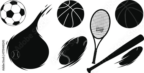 Vector sports equipment icons featuring soccer ball, basketball, tennis racket, baseball bat, and dynamic motion effects in black and white