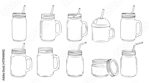 Hand drawn mason jar collection with straws for refreshing drinks and beverages silhouette