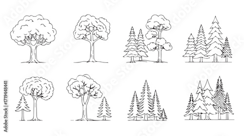 Set of hand drawn tree line art elements perfect for nature scenes and forest designs silhouette