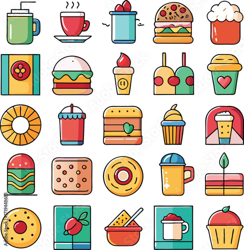 Vibrant assortment of cartoon food and drink icons featuring desserts burgers and beverages for digital use