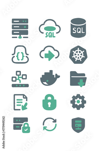 Flat vector SQL and database icon set collection including cloud, server, network, and security symbols, designed for technology, programming, and IT projects.  

