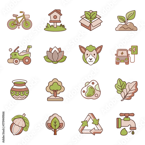 Eco-friendly icons for sustainable living helping earth and nature with green solutions 