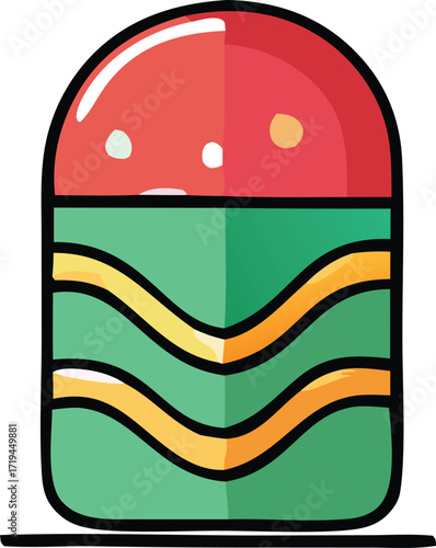Stylized cartoon easter egg design with red top green body and yellow stripes festive holiday treat visual