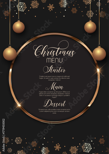 Elegant Christmas menu design with gold and black snowflakes and hanging baubles design