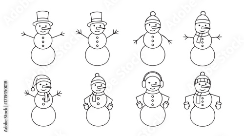 Collection of eight diverse hand-drawn snowman characters with unique winter accessories silhouette