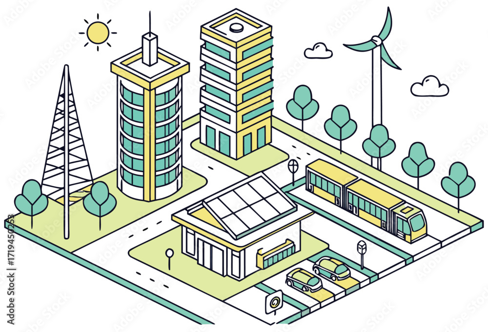 Naklejka premium Isometric Smart Eco City with Renewable Energy and Modern Buildings – Vector Illustration