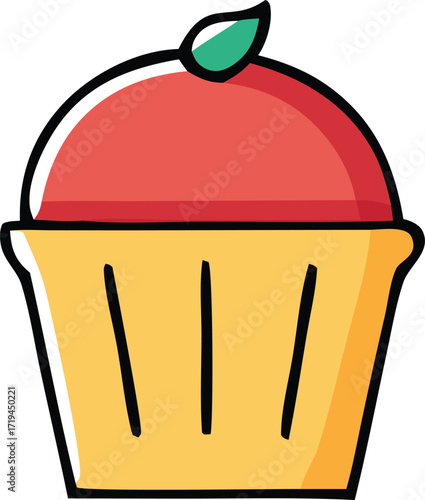 Delicious cartoon cupcake treat with red frosting and yellow wrapper a sweet dessert icon for celebrations and food themes