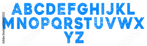 Blue distressed alphabet letters a to z displayed in three rows on a transparent background, isolated on transparent background