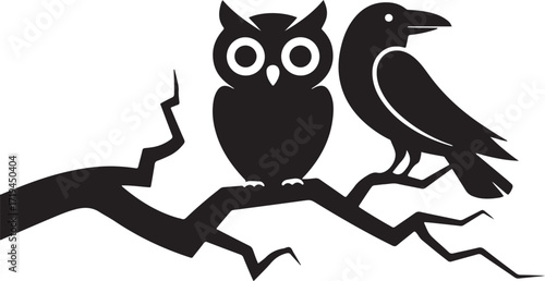 Spooky Halloween Owl and Crow Perched Together on a Bare Tree Branch Vector