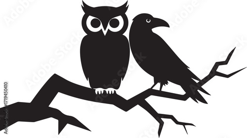 Spooky Halloween Owl and Crow Perched Together on a Bare Tree Branch Vector