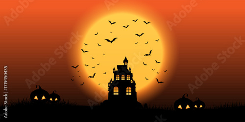 Halloween banner with spooky landscape with pumpkins and castle 