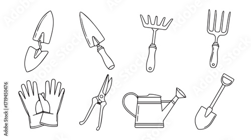 Gardening tools set including trowel fork rake pruners watering can and gloves hand drawn style silhouette