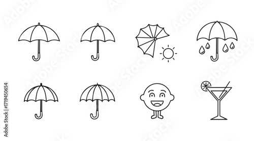 Collection of hand drawn umbrellas weather icons sun rain cocktail drink and smiley face silhouette
