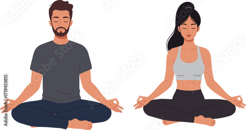 Man and woman meditating, yoga practice, mindfulness exercise, relaxation technique, healthy lifestyle, mental wellness, fitness illustration, calm posture, white background