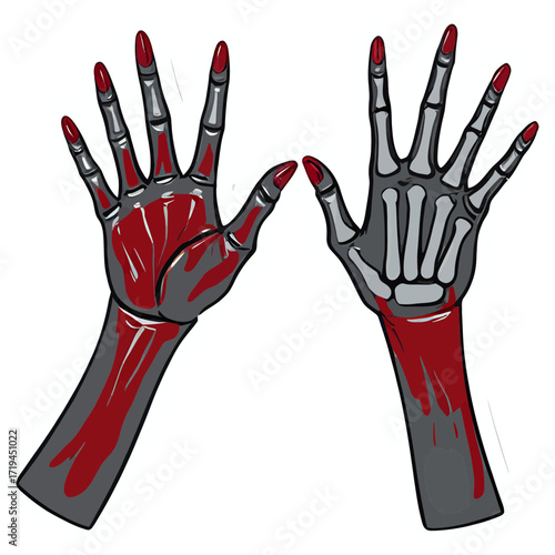 A zombie hand holding a pinky promise with another skeleton hand | hand of the person | hand with red nails | hand with red paint | peace sign with hands | peace sign hand | peace sign with hand | han