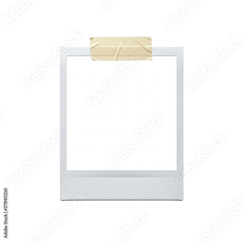 Blank Polaroid instant photo, thick white border, secured by aged beige masking tape on transparent background. Soft studio light, subtle shadow. Minimalist concept of memory and potential