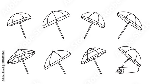 Collection of hand drawn beach umbrellas showing various angles and designs for summer recreation silhouette