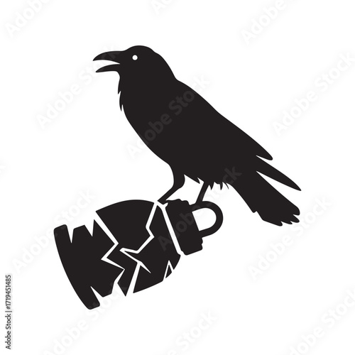 Spooky Halloween Crow Perched on a Broken Jack-o'-Lantern Mug silhouette Vector