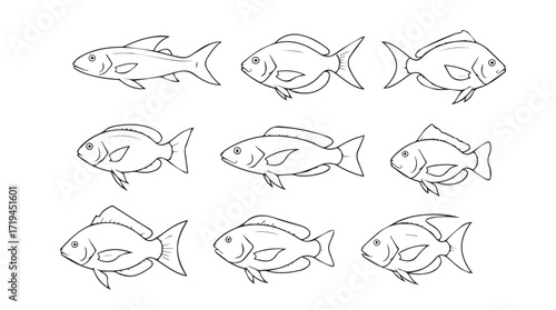 Collection of hand-drawn goldfish sketches artistic aquatic animal designs silhouette