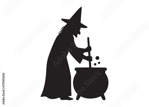 witch stirring cauldron logo silhouette vector, witch with bubbling pot silhouette vector illustration, witch and cauldron silhouette logo, witch stirring a cauldron logo silhouettes vector