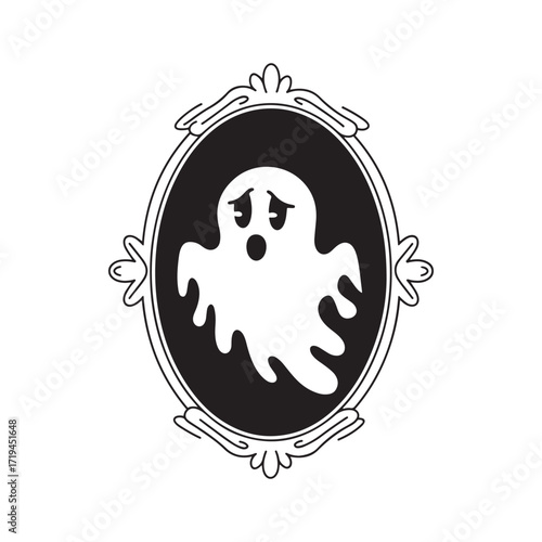 Spooky Ghost Frightened by Its Own Reflection in a Vintage Mirror Halloween Vector