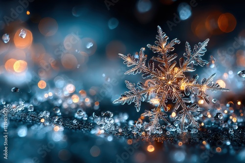 Wallpaper Mural Glowing snowflake with water droplets and bokeh lights Torontodigital.ca