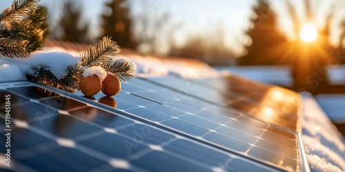 Snowy winter scene featuring solar panels on a roof, adorned with a festive pine branch and ornaments, capturing the beauty of sustainable energy in the cold season