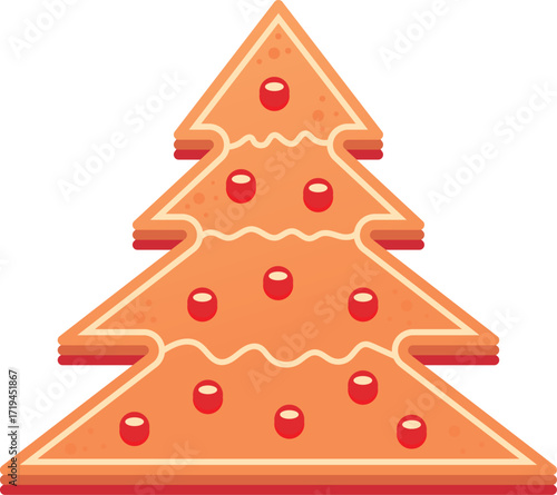 Gingerbread Christmas tree cookie with icing, holiday biscuit isolated on transparent background, vector illustration