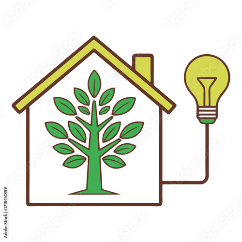 Eco-friendly house with tree and lightbulb symbolizing sustainable living 