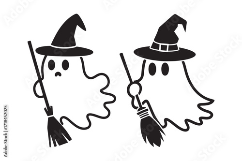 Set of Cute Halloween Ghosts Wearing Witch Hats and Holding Broomsticks Vector Line Art