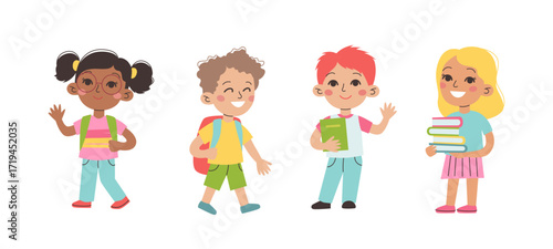 School children. Boys and girls with school supplies. Vector illustration in flat style