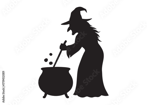 witch stirring cauldron logo silhouette vector, witch with bubbling pot silhouette vector illustration, witch and cauldron silhouette logo, witch stirring a cauldron logo silhouettes vector
