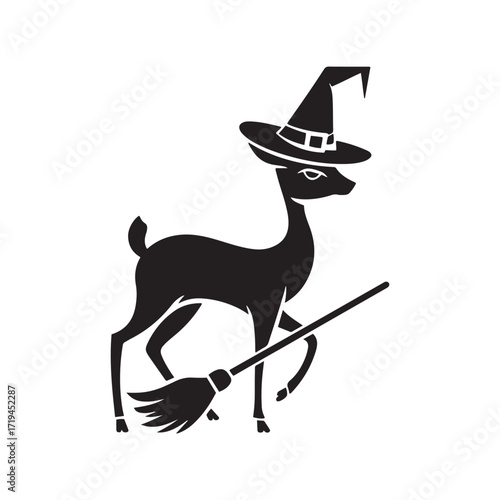 Mystical Deer Fawn Wearing a Witch Hat and Holding a Broomstick Vector