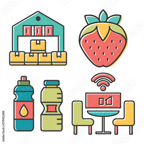 Food delivery and restaurant service icons including warehouse strawberry drinks and online order setup 
