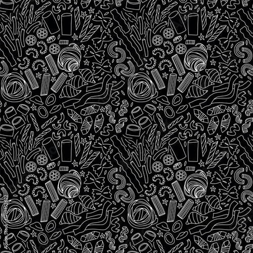 Black and white talian food design with assorted pasta types, hand-drawn seamless pattern 