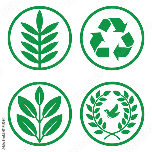 Green sustainable living and eco-friendly icons representing nature recycling and peace 
