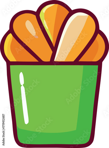 Bright green pot filled with vibrant orange potato fries or food sticks for a delicious snack or appetizer
