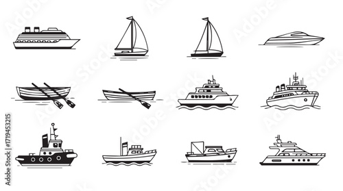 Diverse collection of watercraft and boats featured in a tiled grid layout on a clean surface silhouette