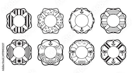 Set of eight distinct decorative life buoy ring graphics with nautical beach summer themes silhouette