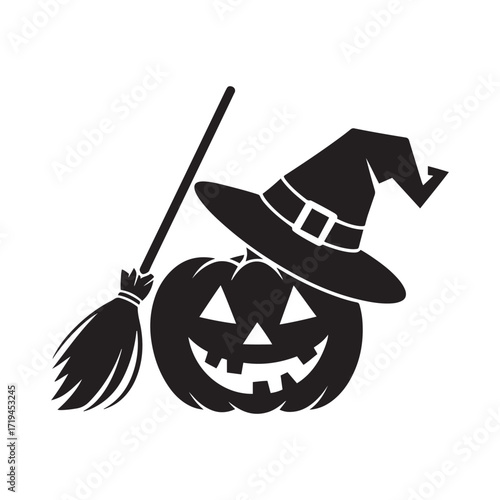 Spooky Jack-o'-Lantern with Witch Hat and Broomstick Halloween Vector