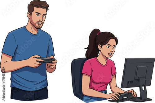 Two gamers playing video games, console and PC gaming, esports competition, home setup, gaming lifestyle, teamwork, entertainment, technology, fun activity